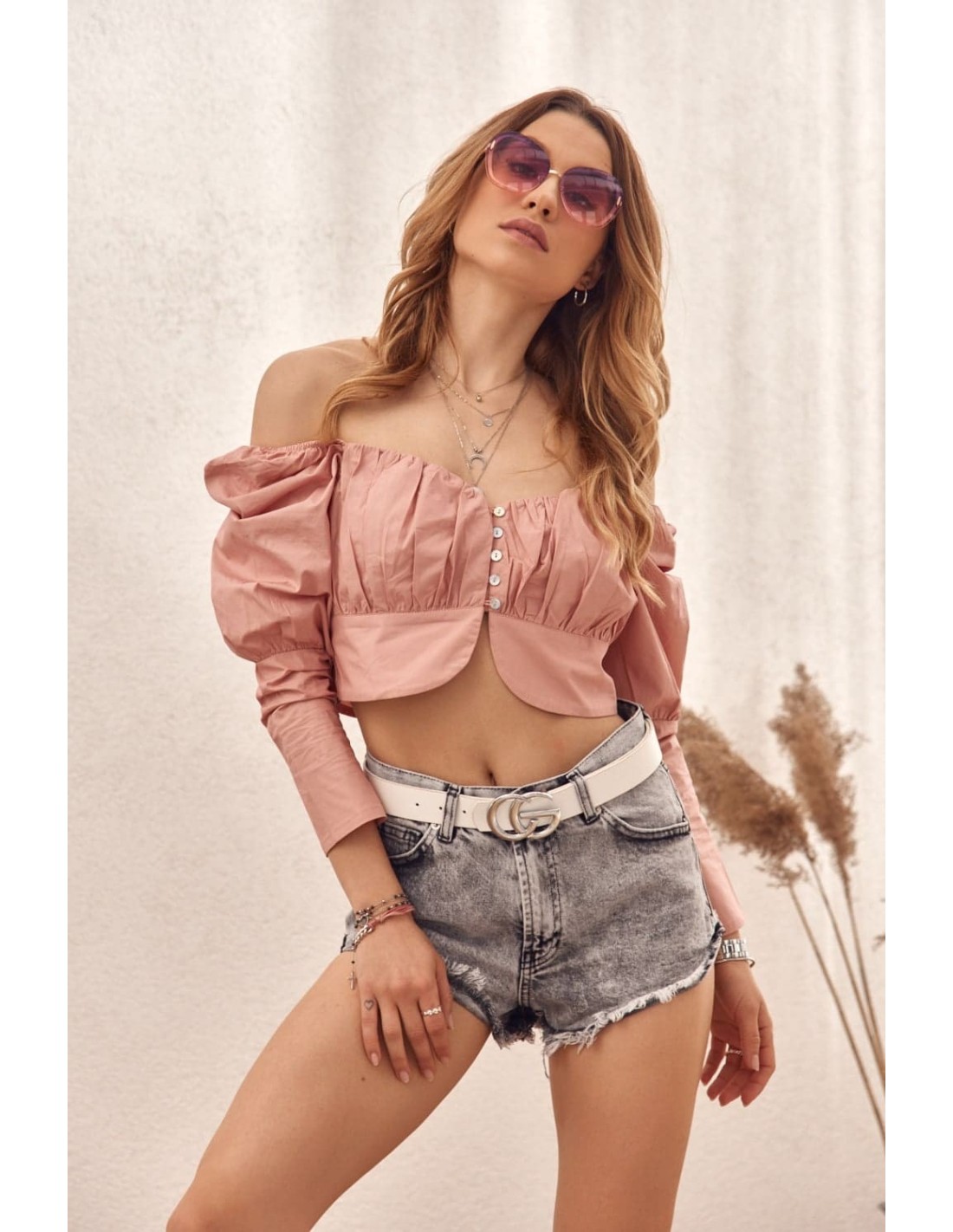 Bluza scurta cu decolteu inima, roz 4070 - Magazin online - Boutique